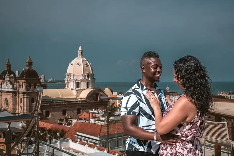 A Couple having a post engagement session in Cartagena de Indias